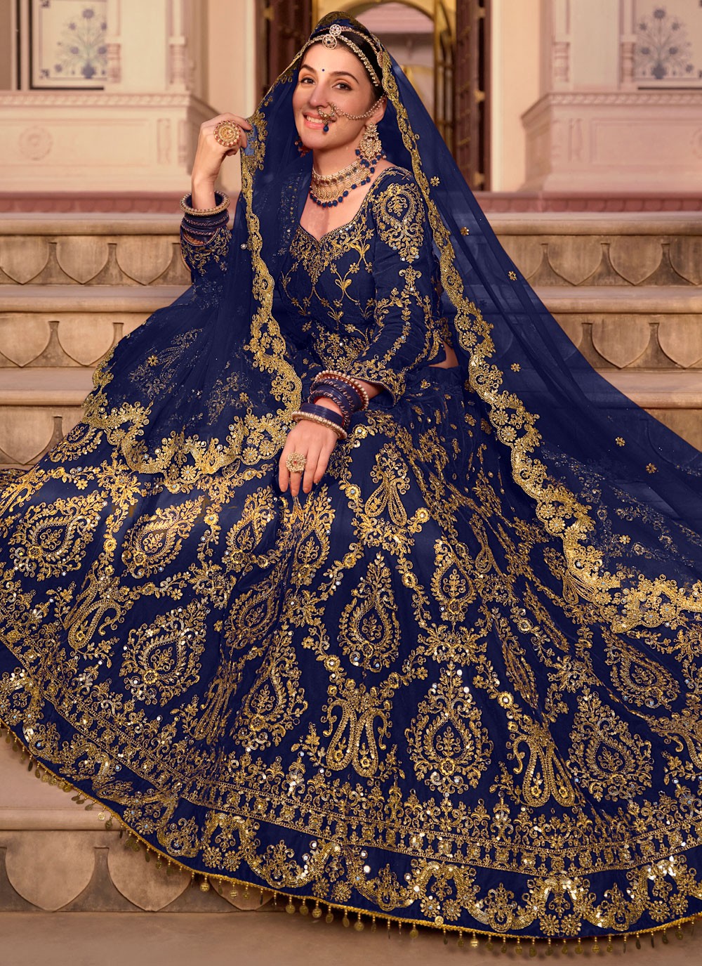 Embroidered Velvet Blue Lehenga - L3293