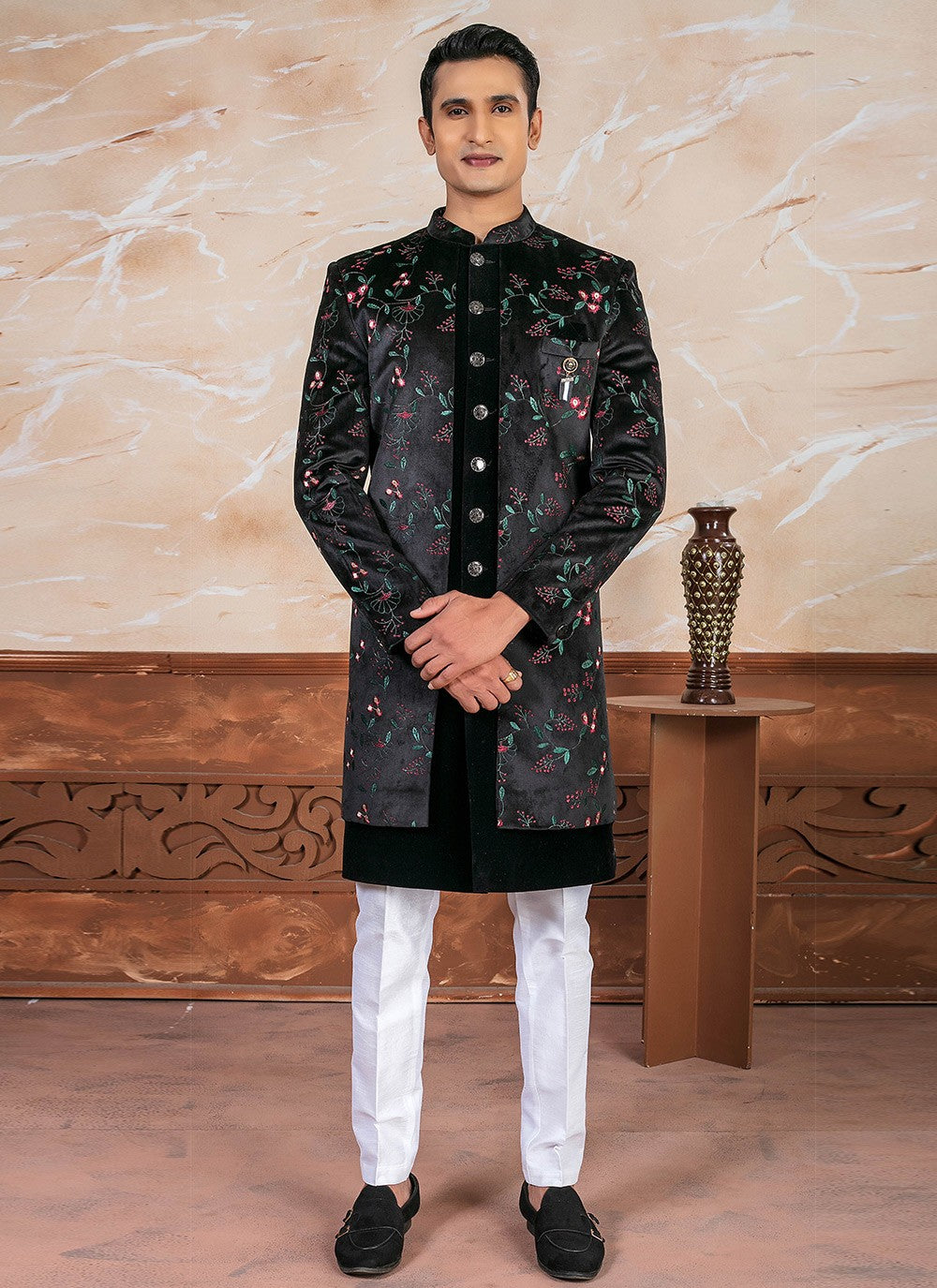 Embroidered Velvet Black Indo Western - M8342