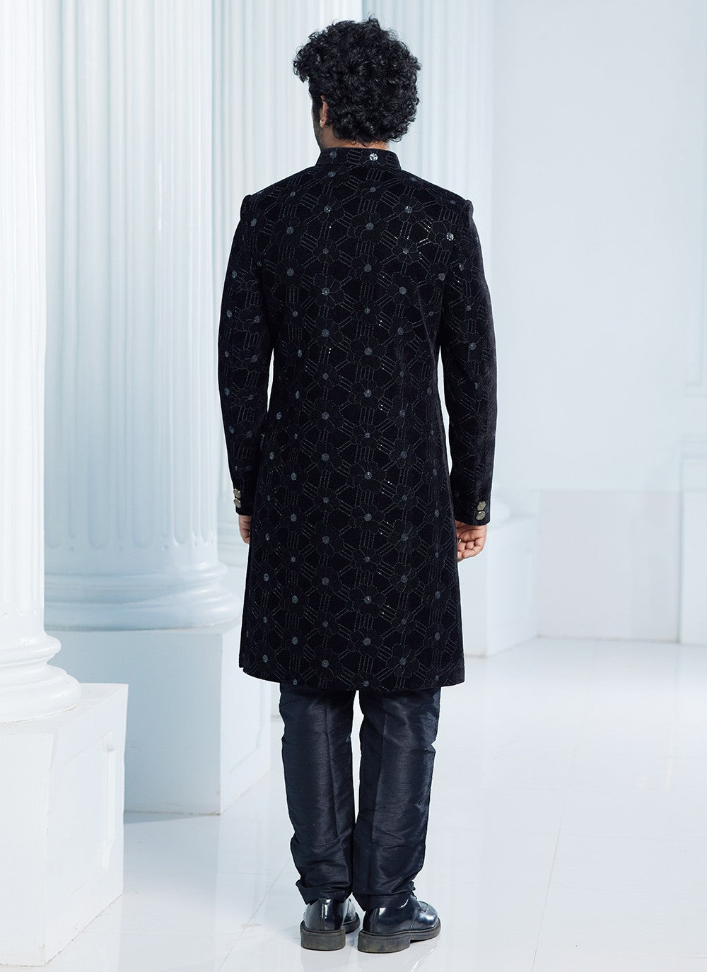 Machine Embroidery Velvet Black Indo Western Sherwani - M6119