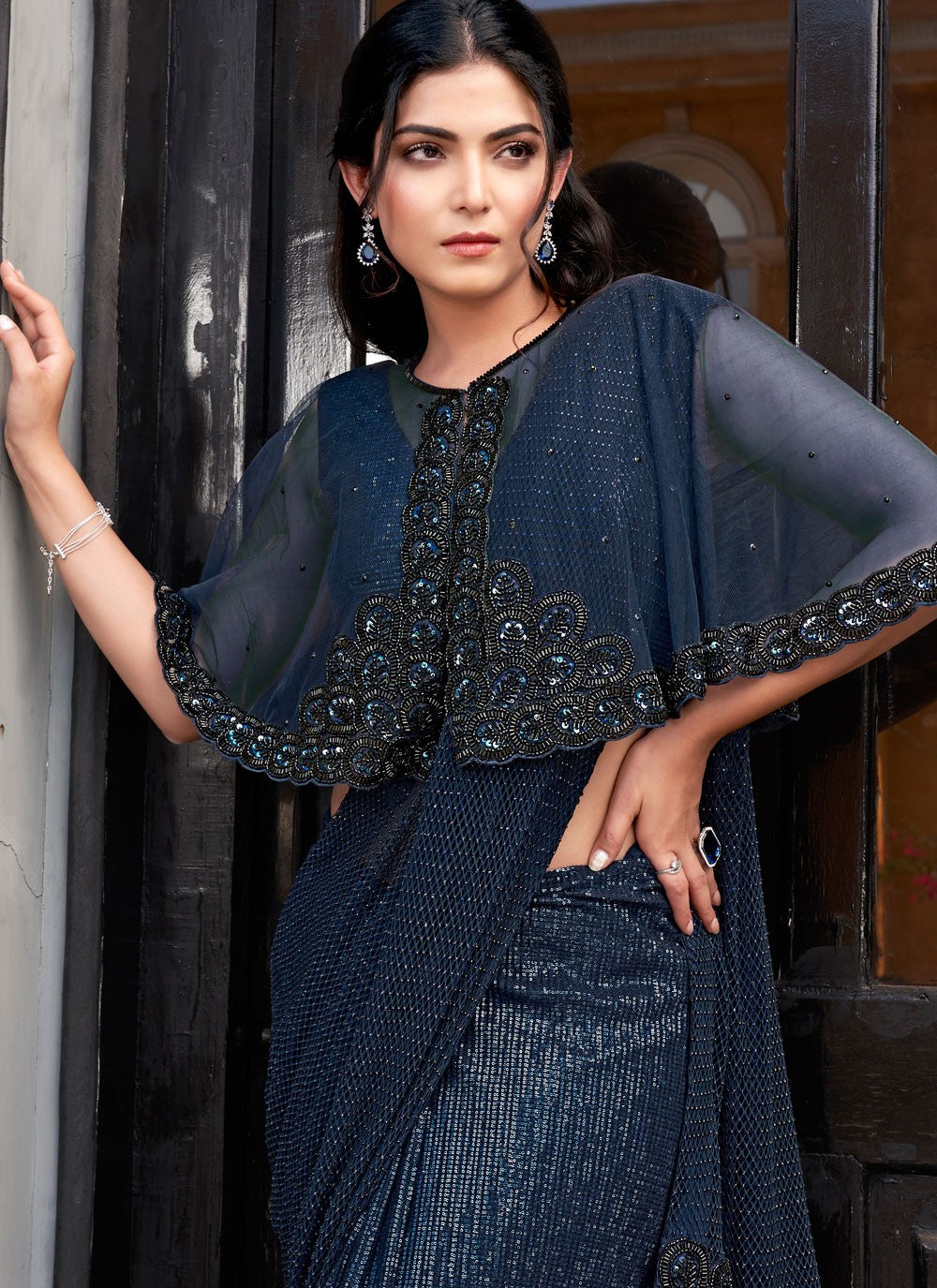Beads Velvet Navy Blue Saree S13833