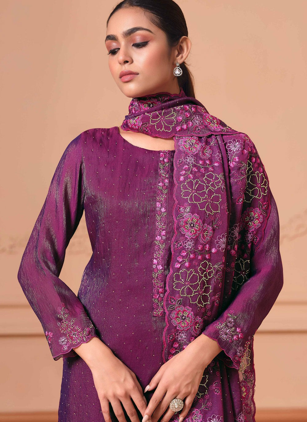 Pant Style Suit Embroidered, Stones Purple T6867