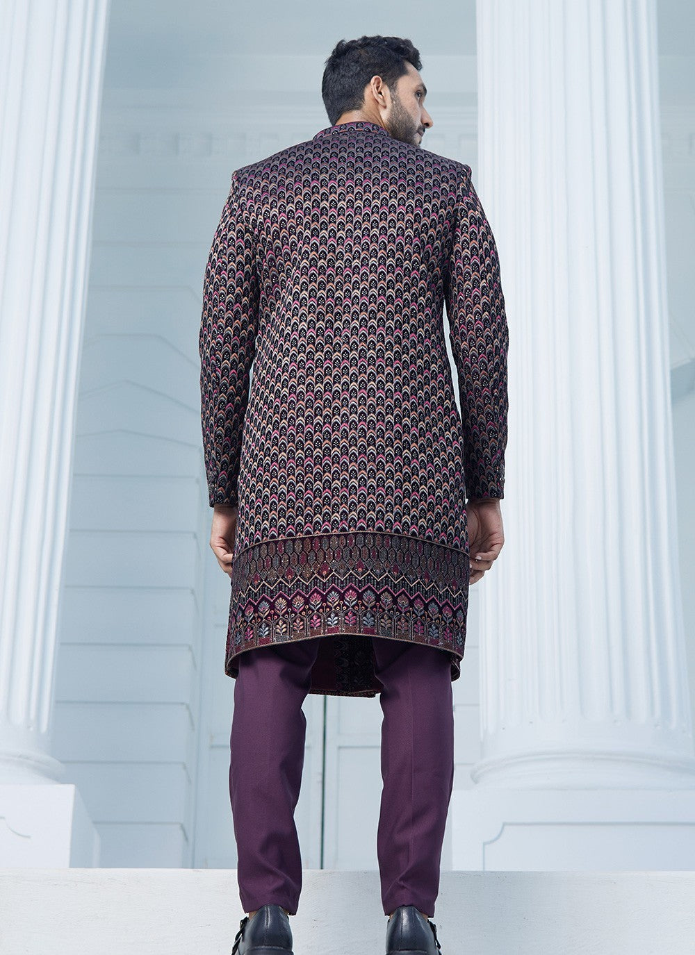 Machine Embroidery Velvet Wine Indo Western Sherwani - M6107
