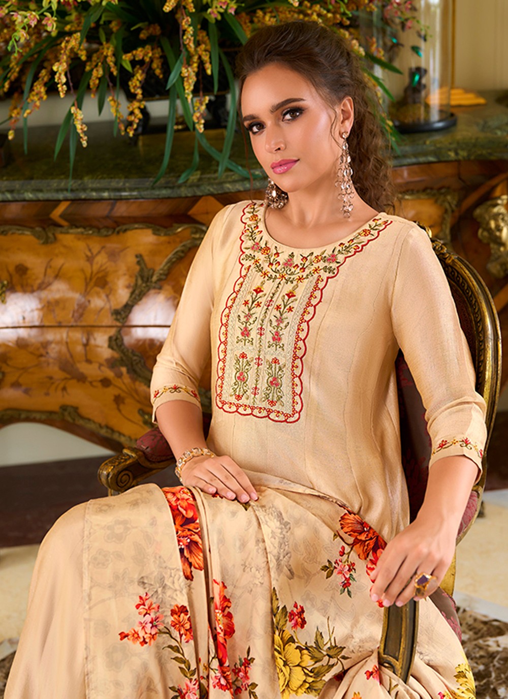 Anarkali Embroidered, Hand Embroidery Beige T8163