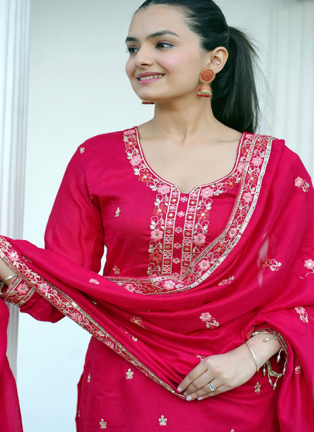 Embroidered Vichitra Silk Hot Pink Salwar Suit T5978
