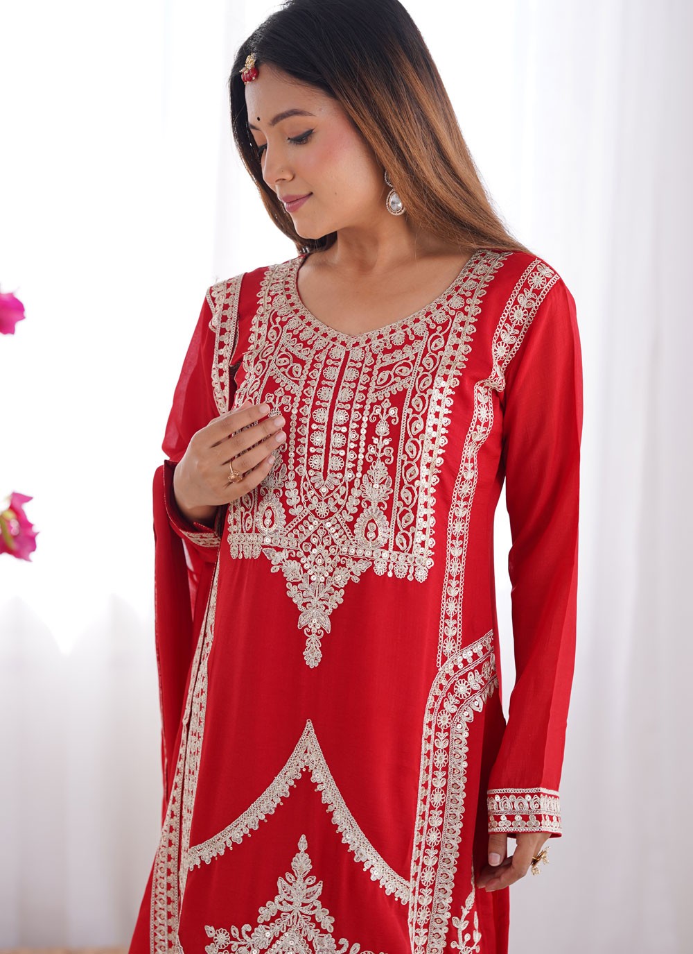 Palazzo Suit Embroidered Red T6999
