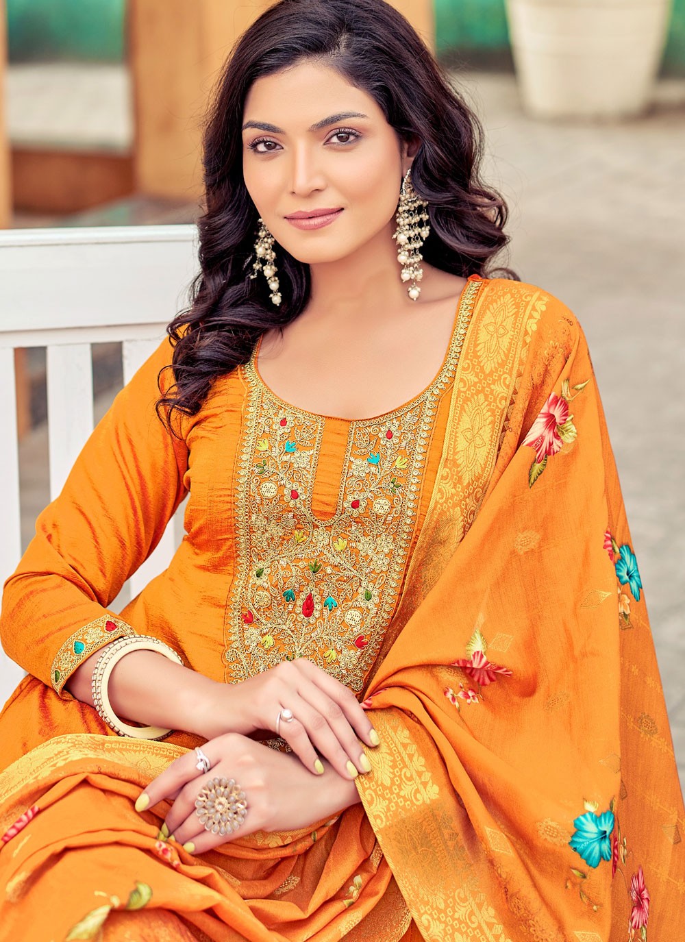 Embroidered Vichitra Silk Orange Salwar Suit T6167