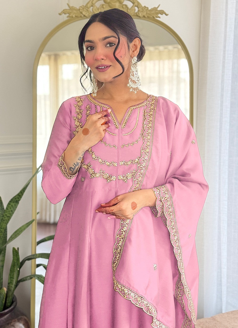 Pant Style Suit Embroidered, Zari Pink T7316