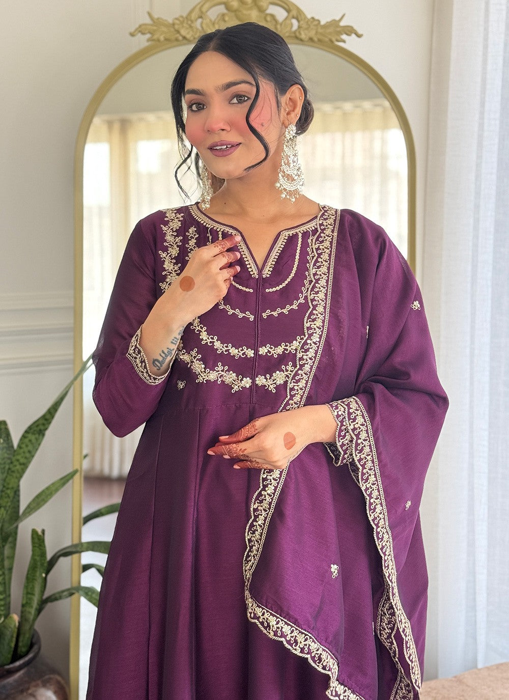 Pant Style Suit Embroidered, Zari Purple T7318