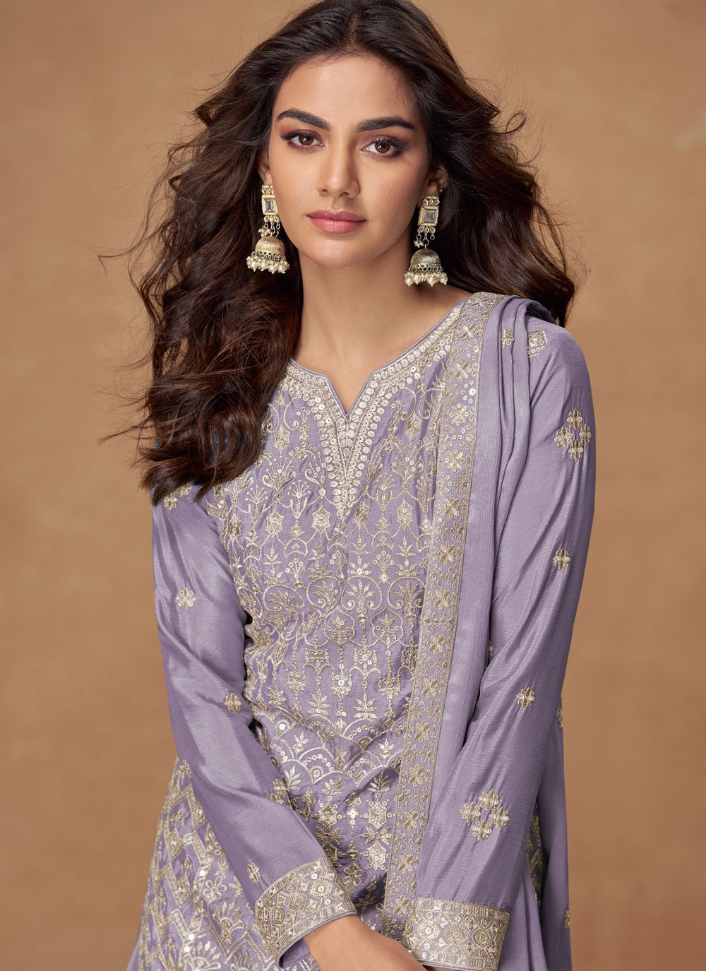 Palazzo Suit Embroidered, Zari Violet T7695