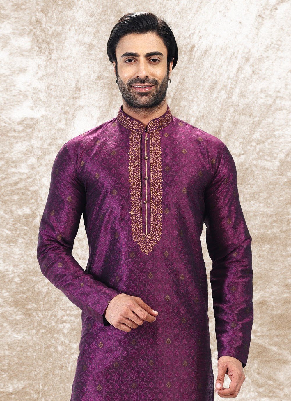 Fancy Work Brocade, Jacquard Silk Violet Kurta Pyjama - M4856