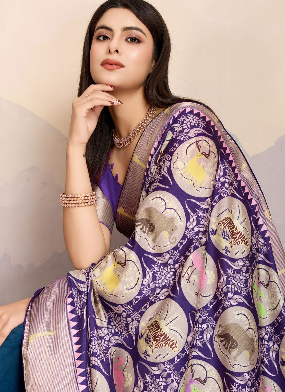 Digital Print Pure Dola Violet Contemporary Saree S14910