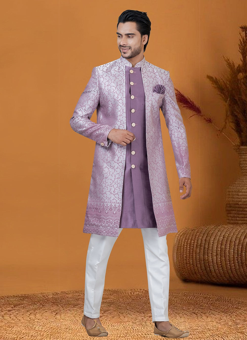 Jacquard Work Jacquard Silk Violet Indo Western - M8404