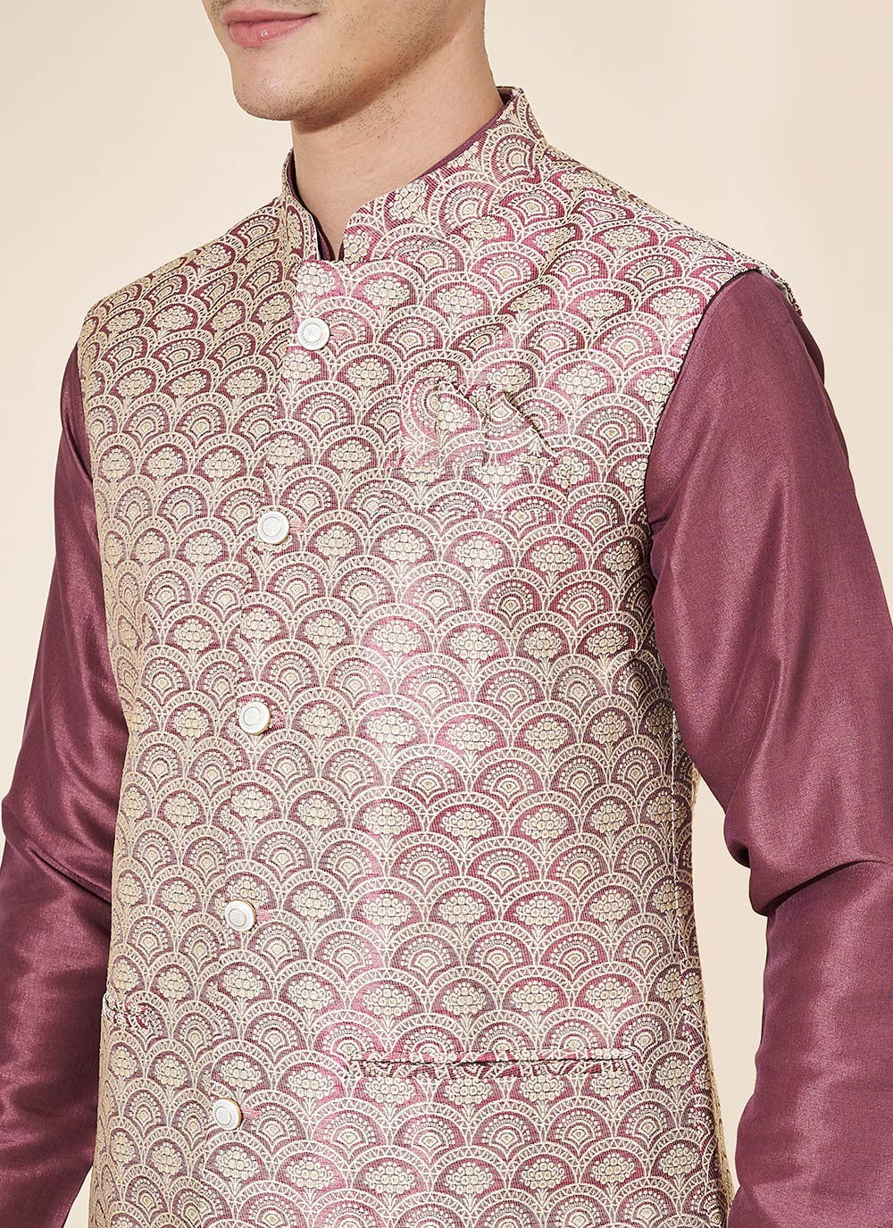 Jacquard Work Pure Silk Violet Kurta Payjama With Jacket - M8029