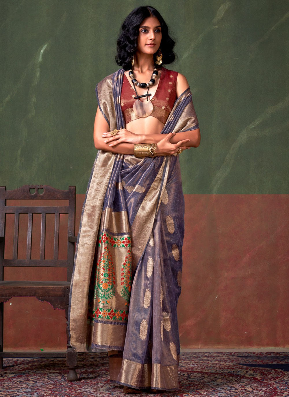 Weaving Zari Silk Violet Saree S14082