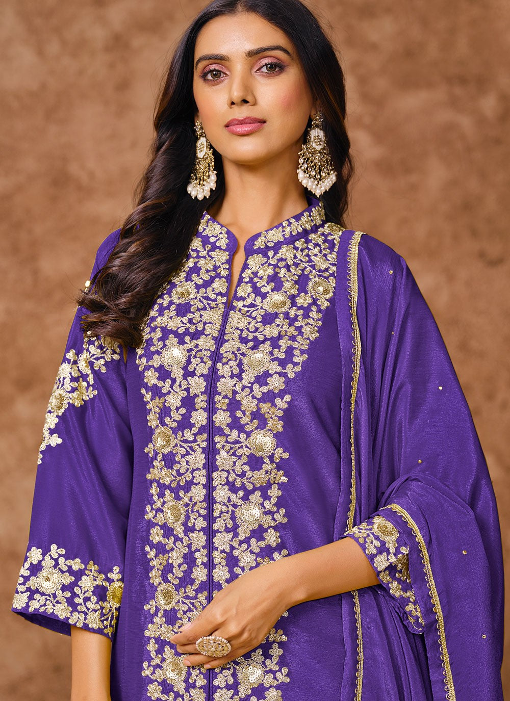 Salwar Suit Embroidered Violet Chinon T5741