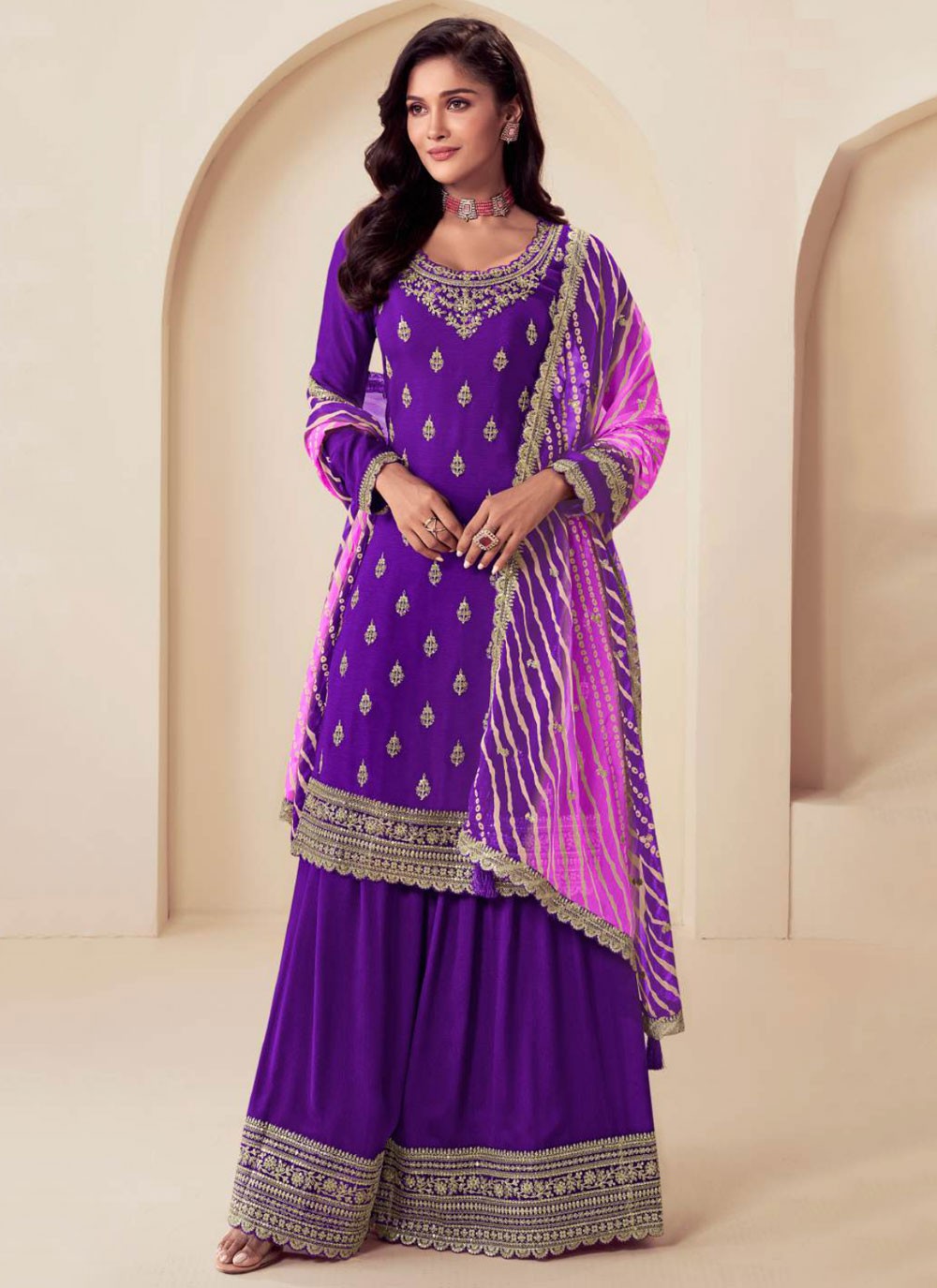 Salwar Suit Embroidered Violet Chinon T5830