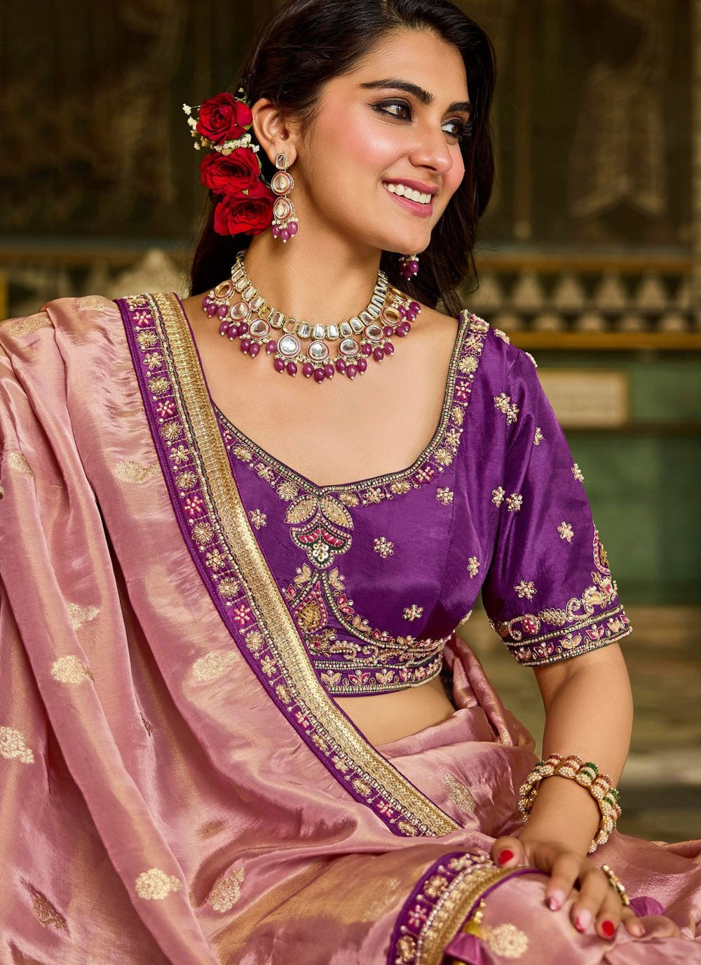 Pink Tissue Traditional Saree Beads, Lace S19799