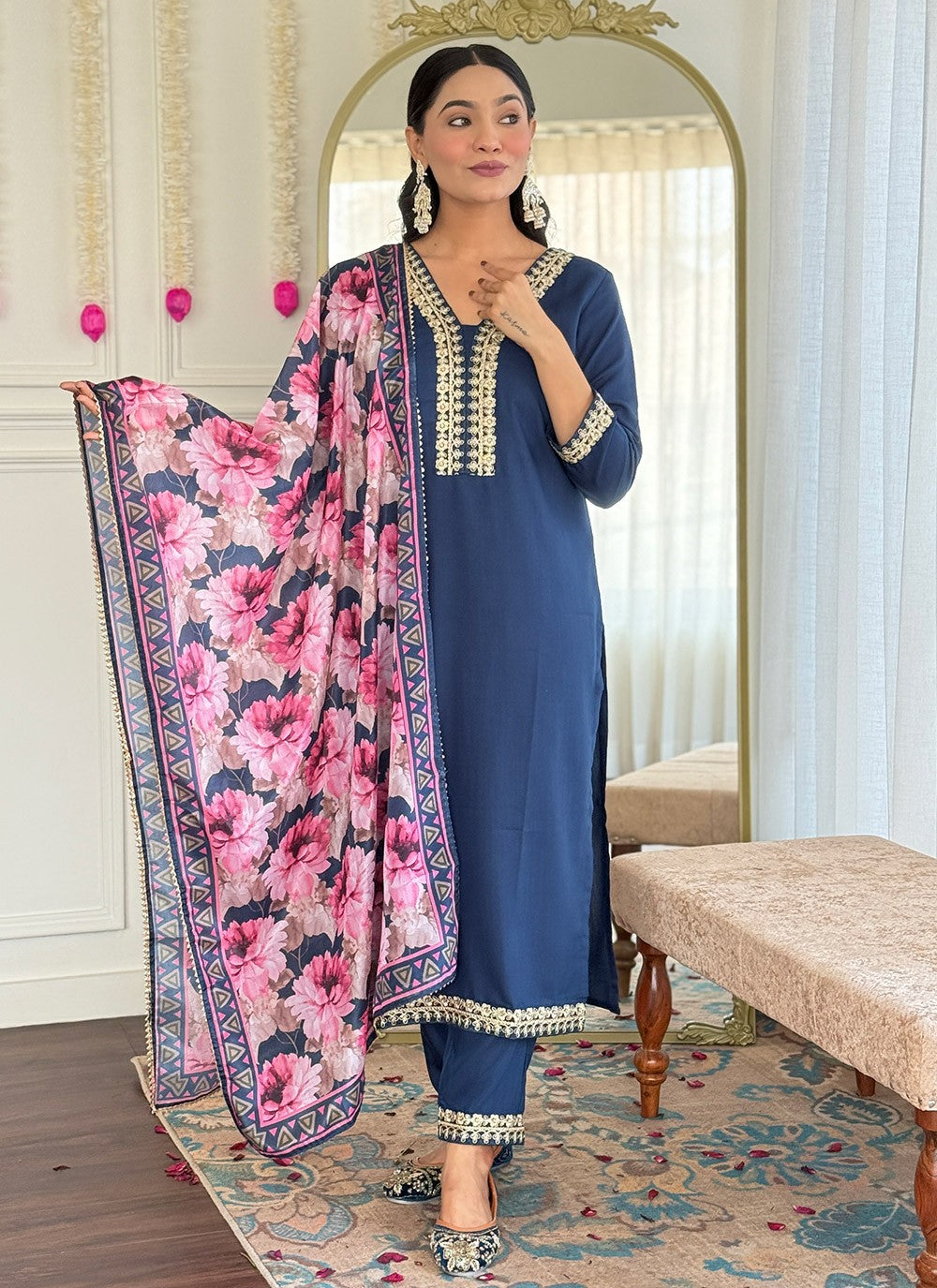 Pant Style Suit Embroidered Blue Viscose T5813