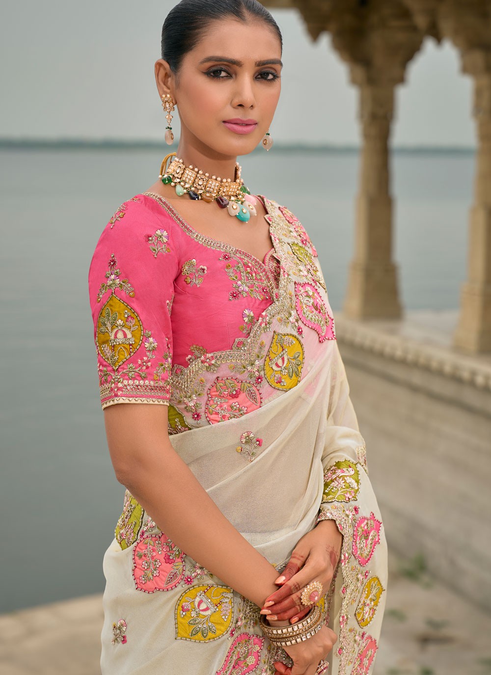 Embroidered Jacquard Off White Saree S14812