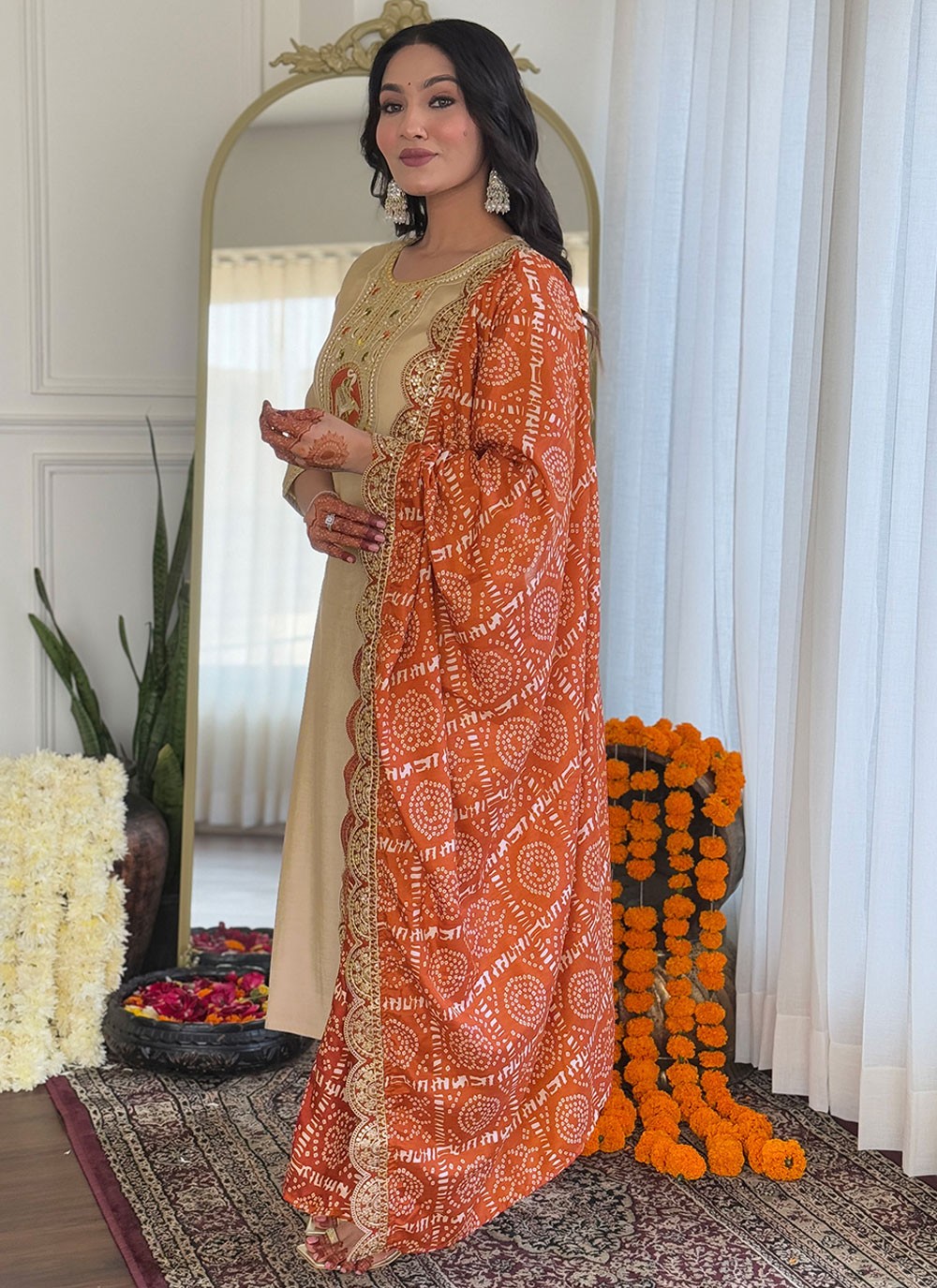 Pant Style Suit Embroidered Beige T8078