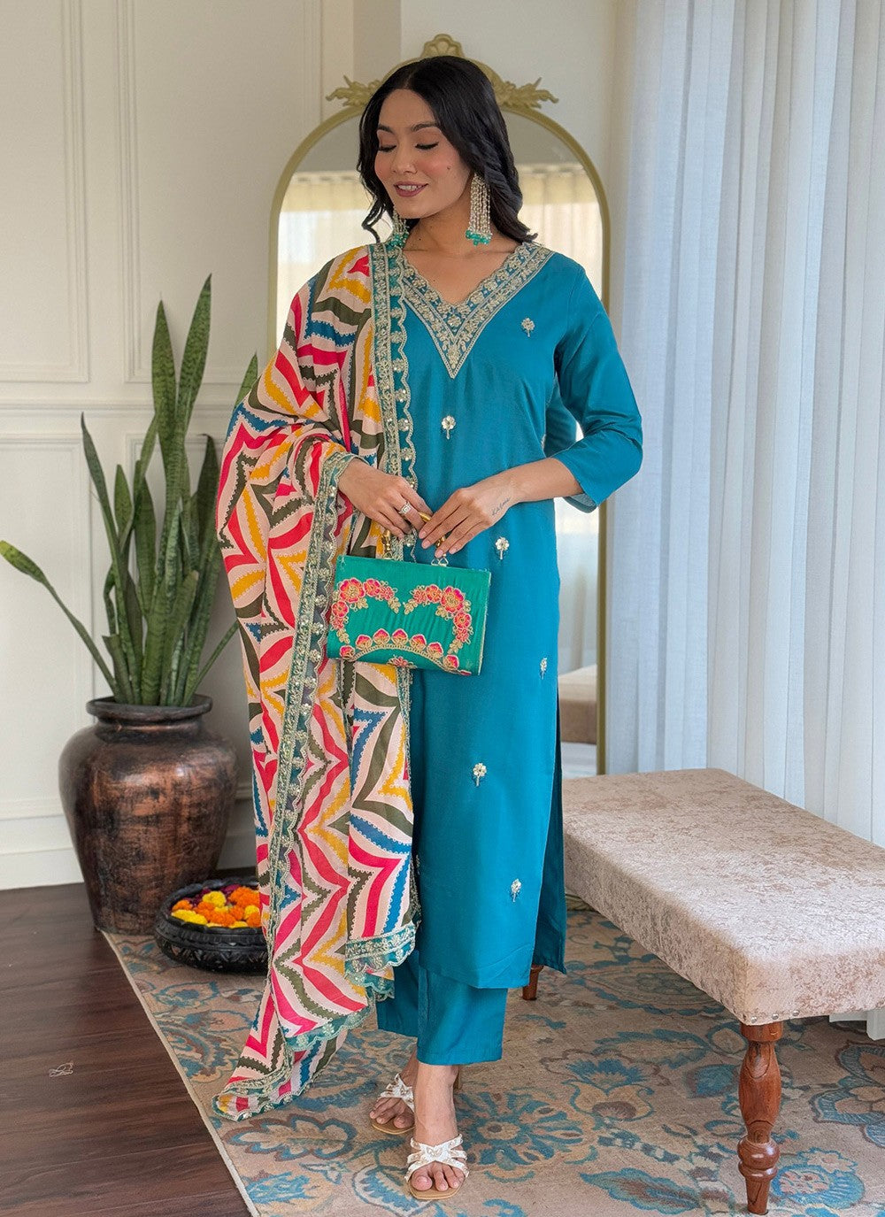 Embroidered Viscose Firozi Salwar Suit T6039