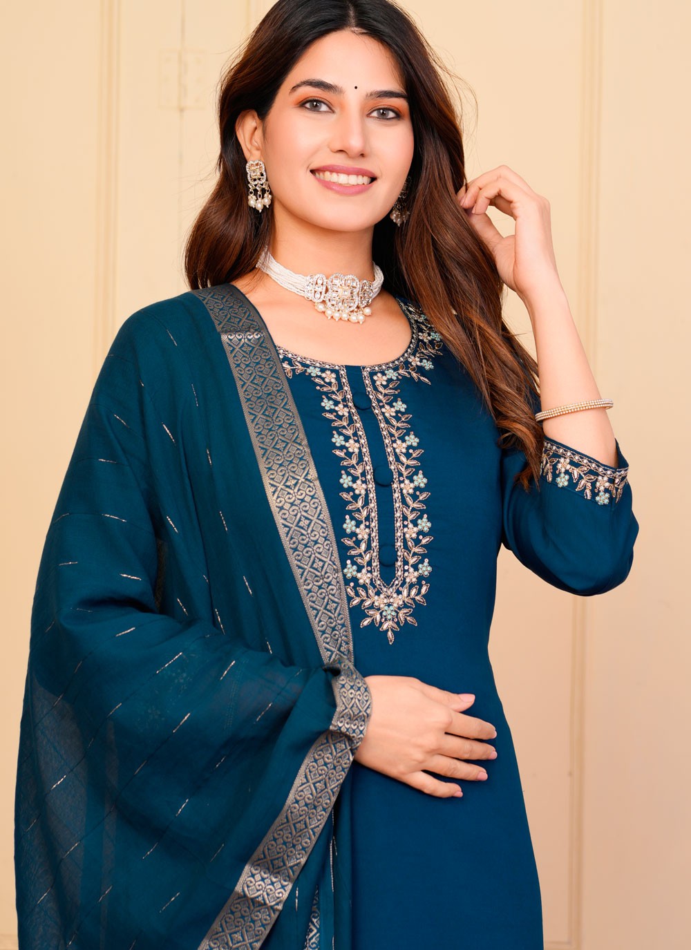 Pant Style Suit Embroidered Morpeach Chanderi T5133