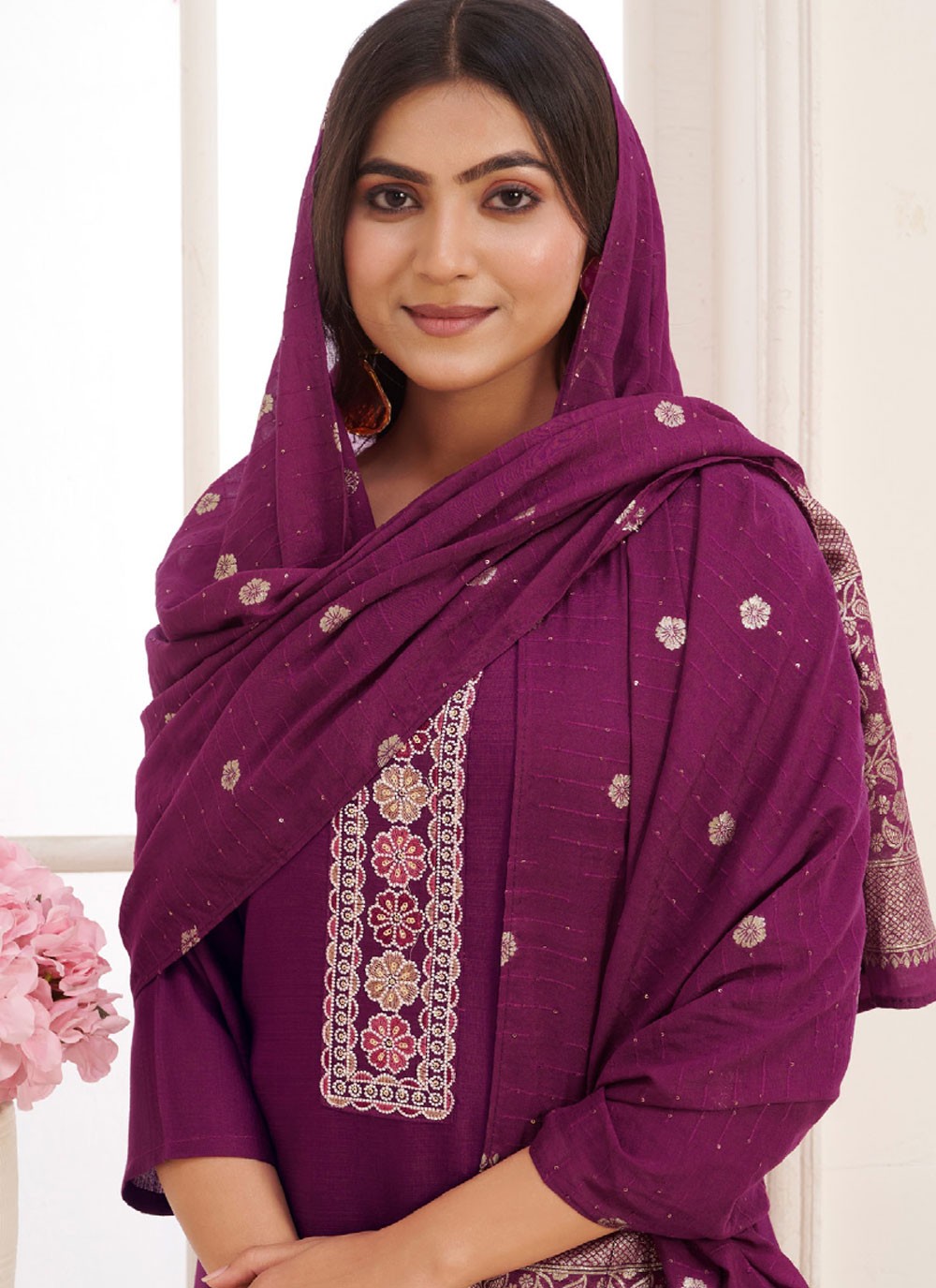 Embroidered Silk Purple Pant Style Suit T6585