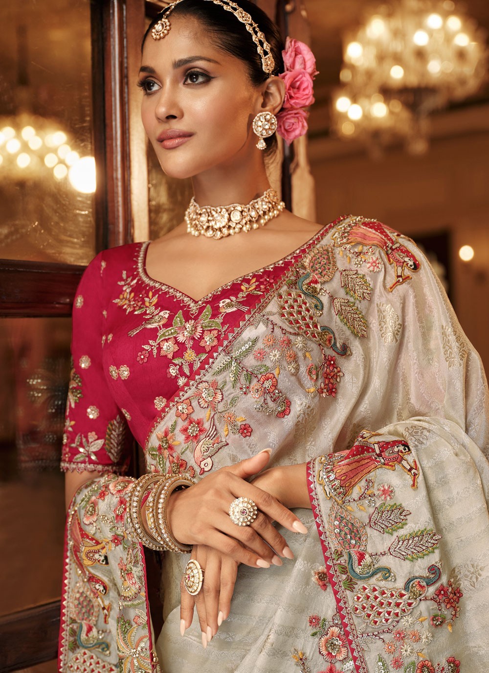 Beige Jacquard Silk Trendy Saree Embroidered S19728