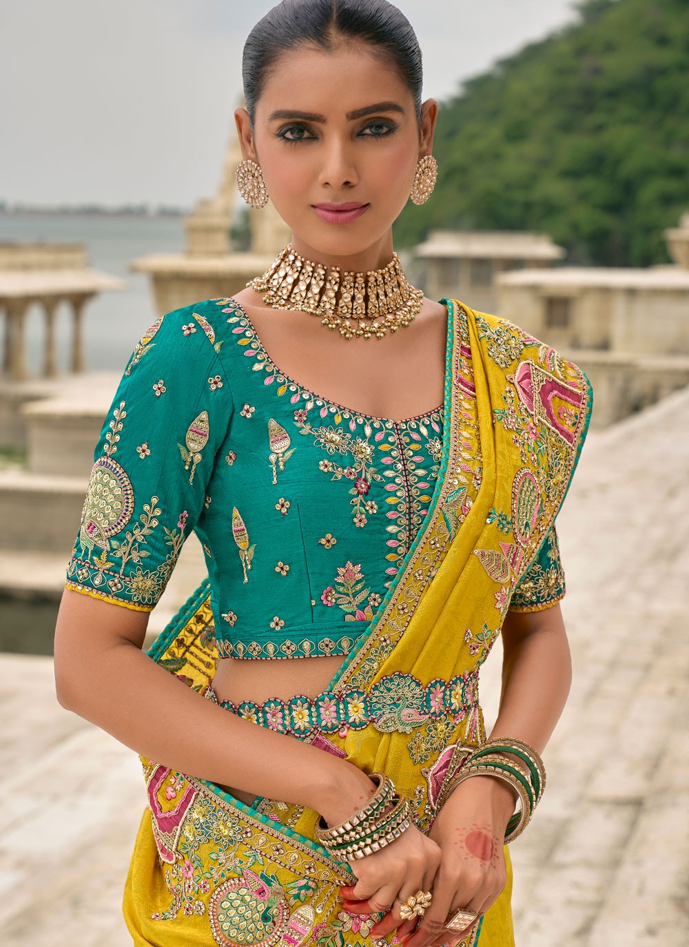 Embroidered Jacquard Mustard Saree S14807