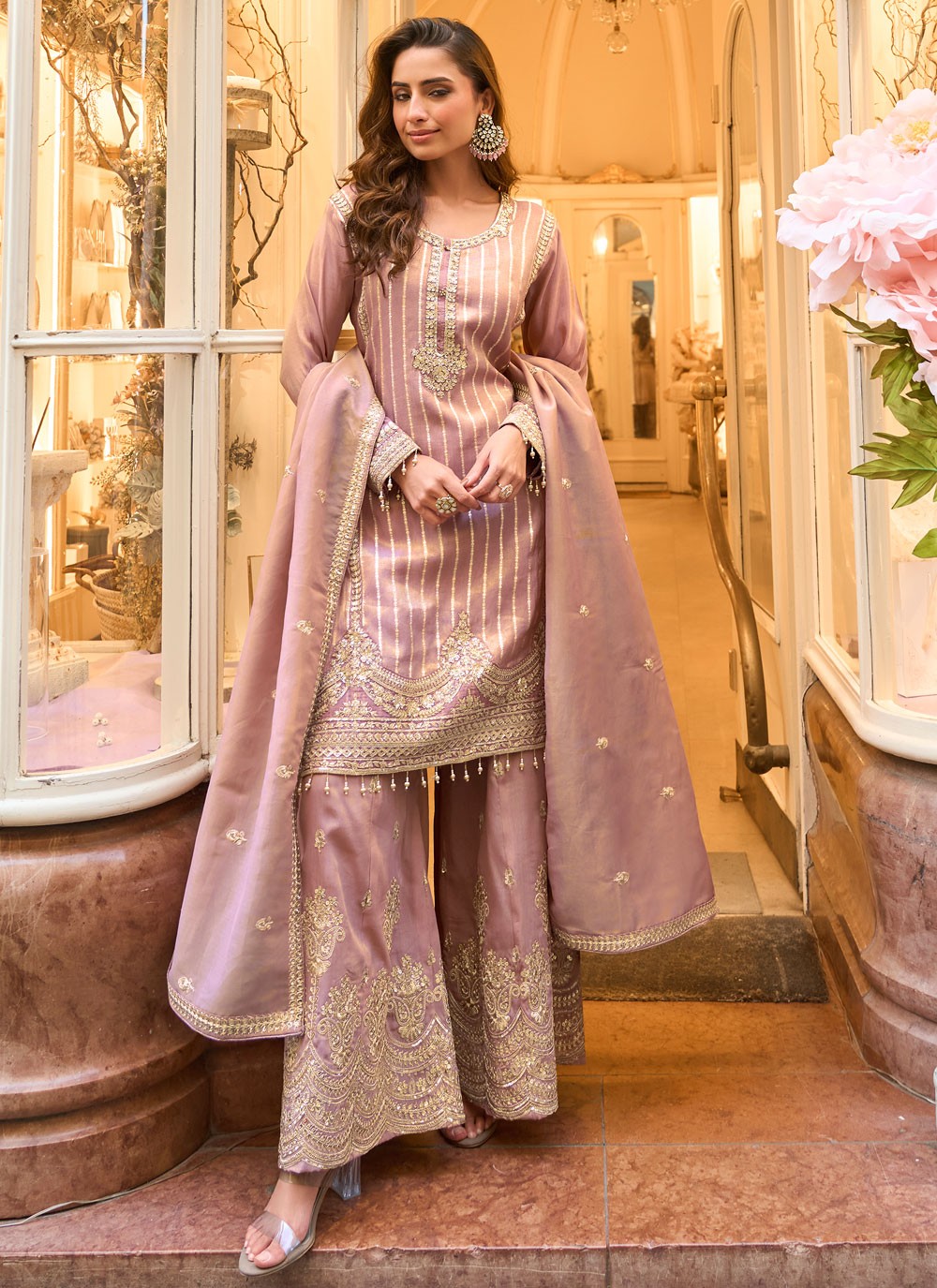 Sharara Suit Embroidered, Sequins, Zari Pink T8464
