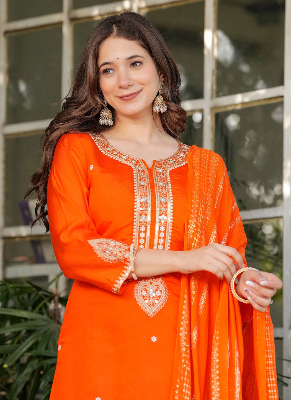 Embroidered Chanderi Orange Salwar Suit T6084