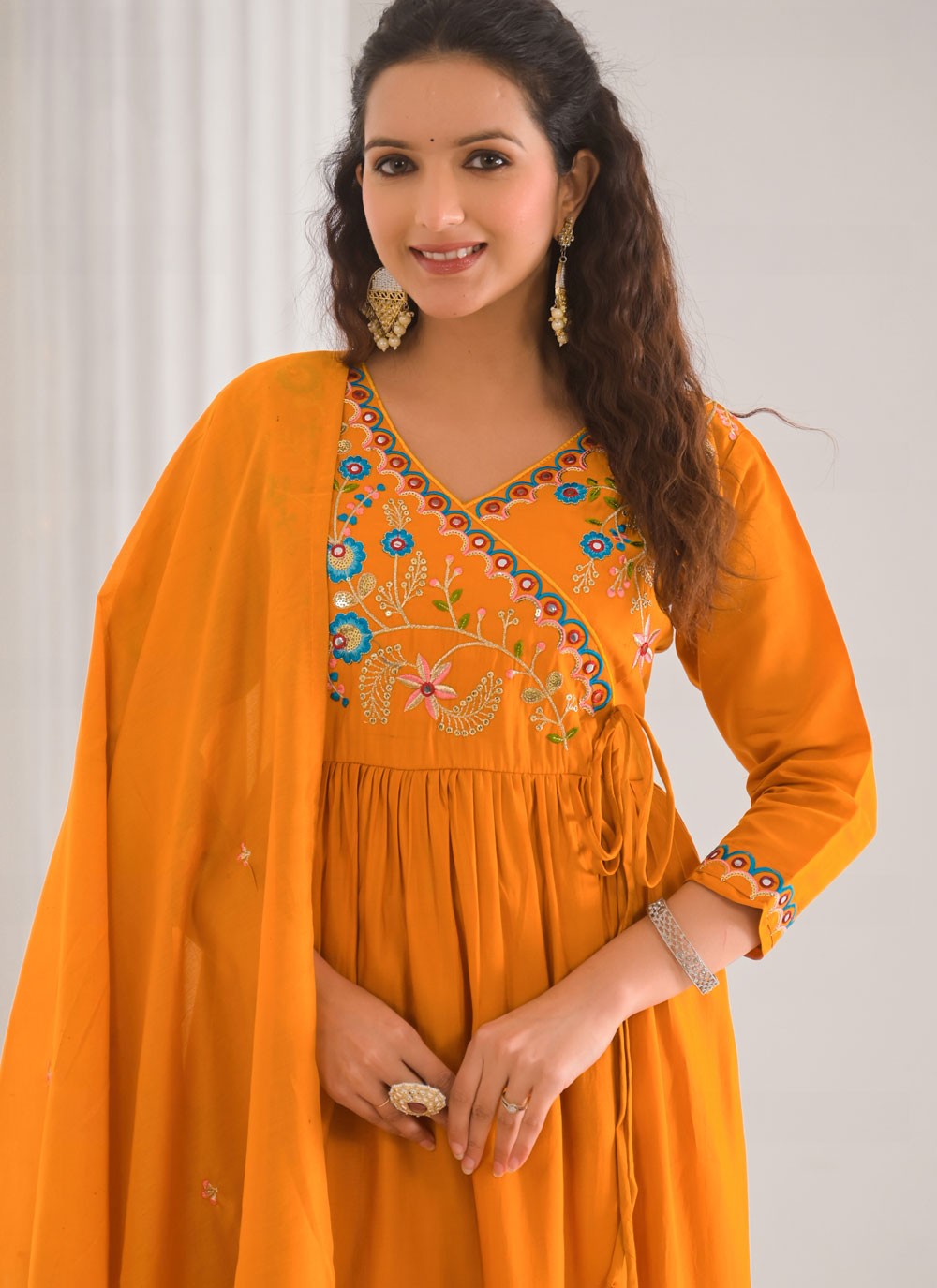 Embroidered Chanderi Orange Salwar Suit T6160