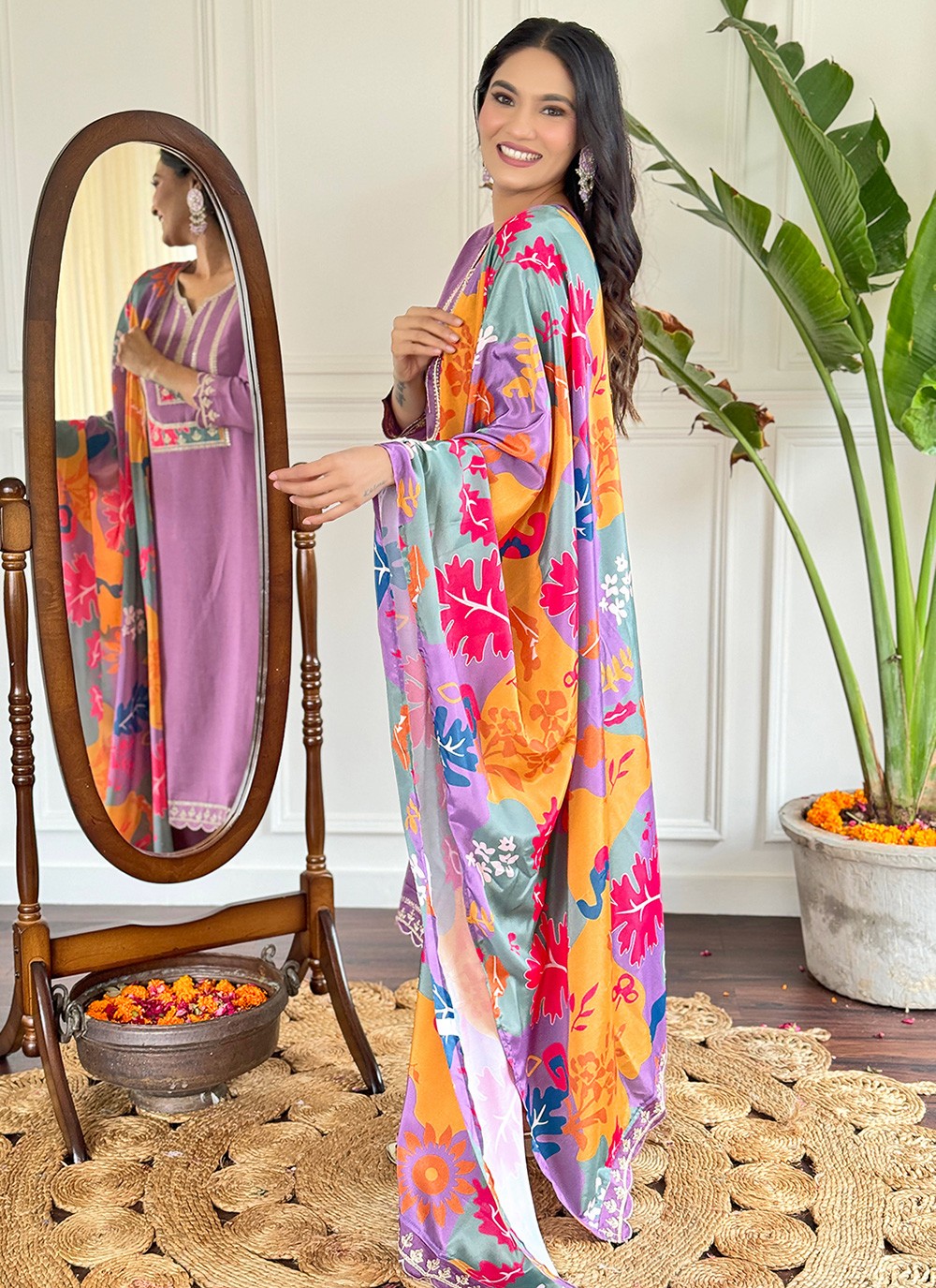 Salwar Suit Embroidered, Printed Purple T7368