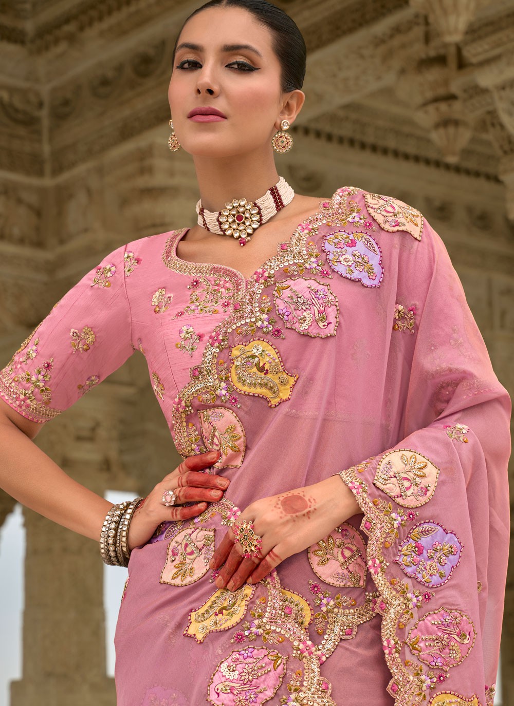 Embroidered Jacquard Pink Saree S14811