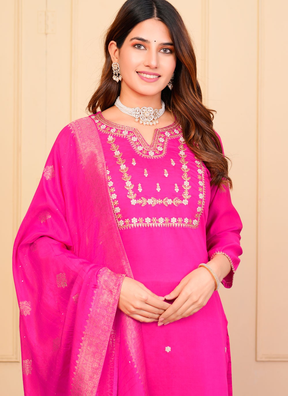 Salwar Suit Embroidered Pink Chanderi T5130