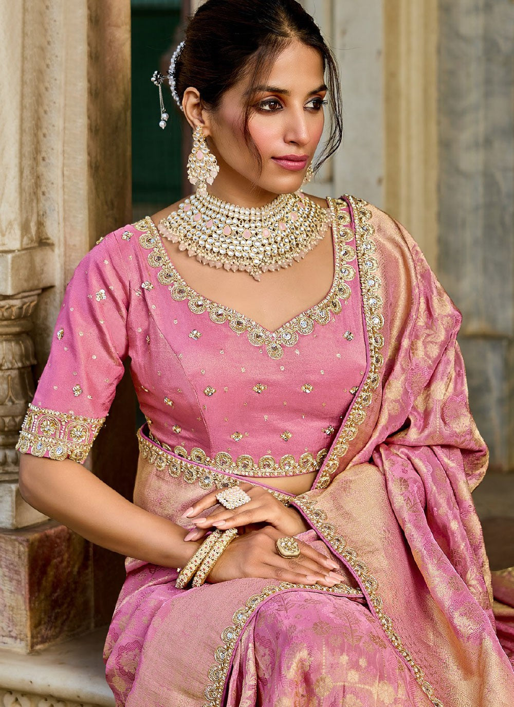 Pink Tissue Trendy Saree Beads S19773