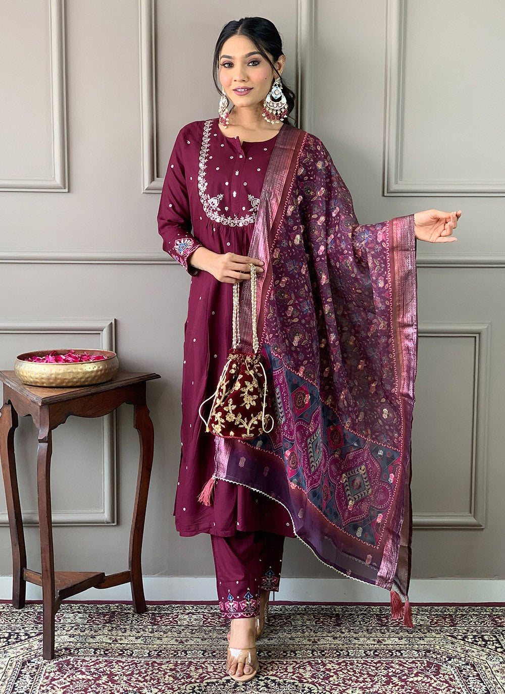 Embroidered Chanderi Wine Salwar Suit T6100