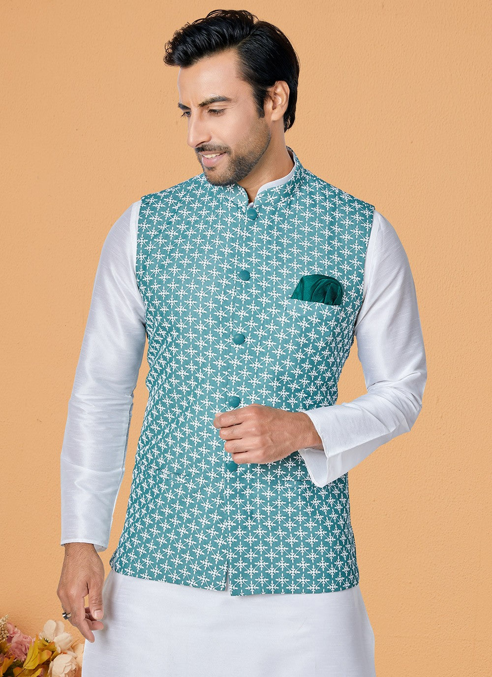 Resham Thread Work Dupion Silk, Viscose Green, White Kurta Payjama With Jacket - M5480