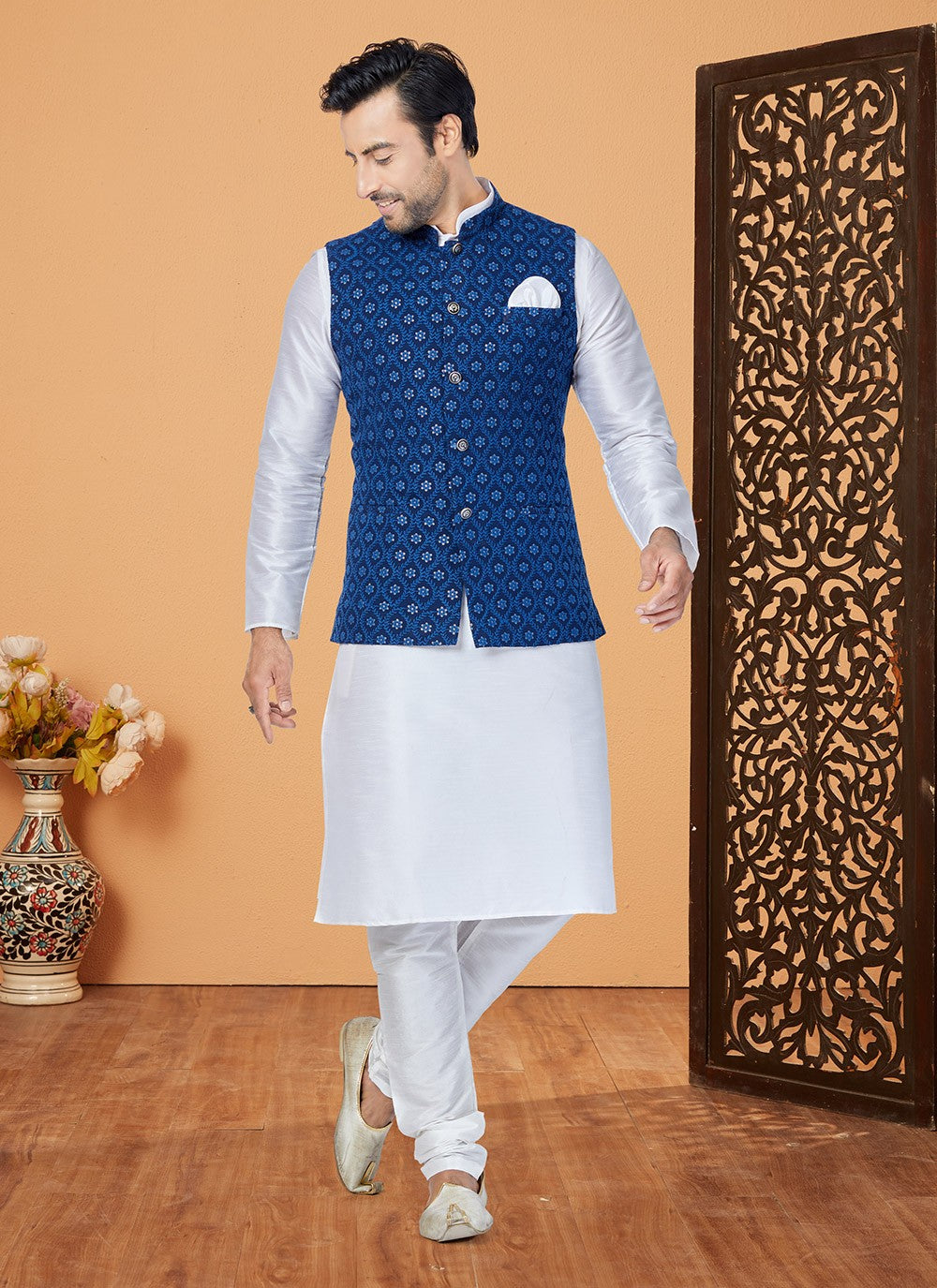 Resham Thread Work Dupion Silk, Viscose Navy Blue, White Kurta Payjama With Jacket - M5479