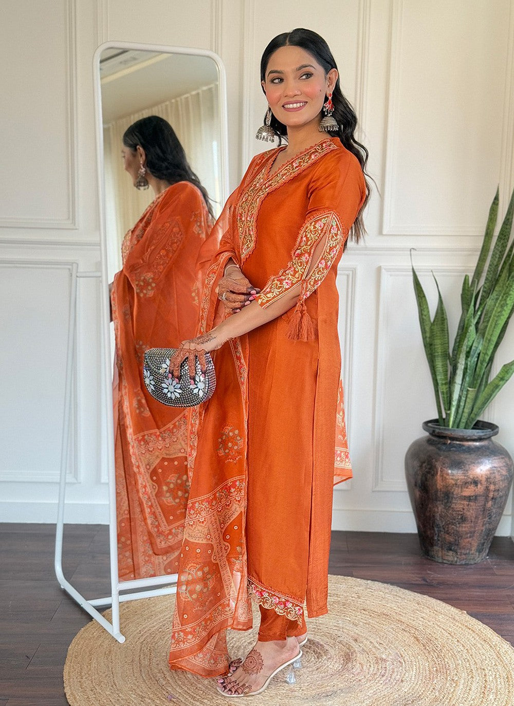 Embroidered Viscose Orange Salwar Suit T6045