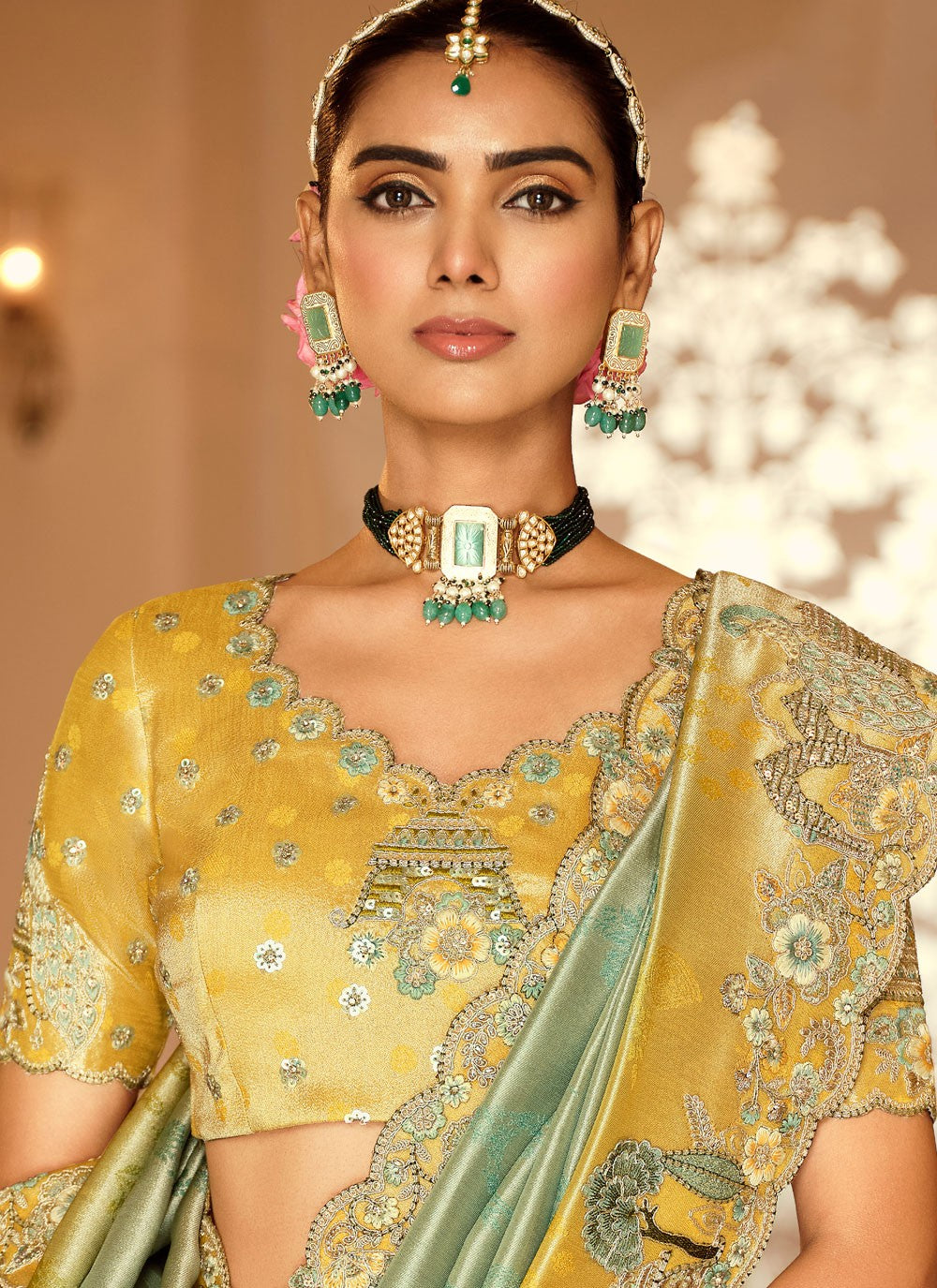 Sea Green Jacquard Silk Traditional Saree Embroidered S19733