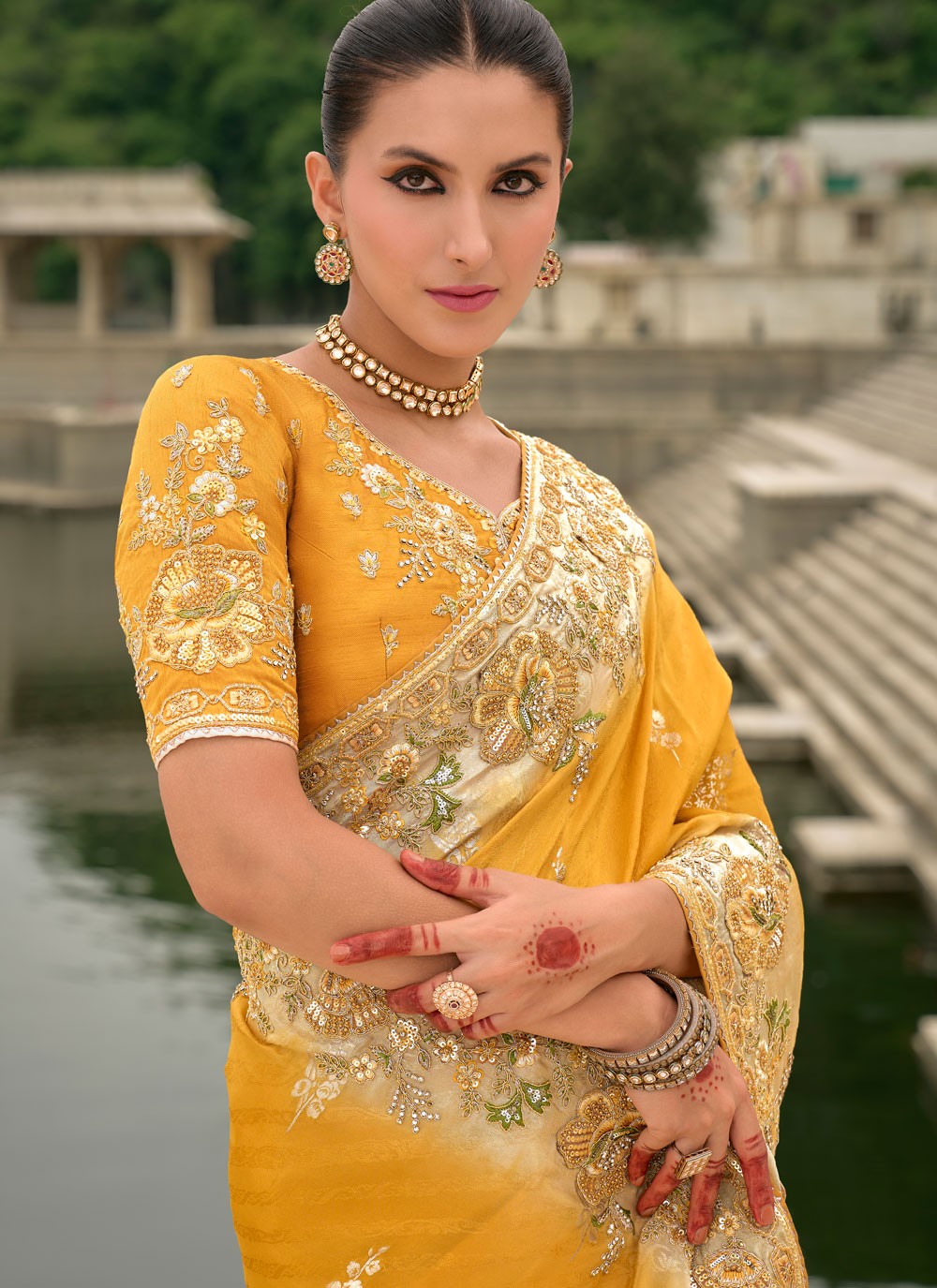 Embroidered Jacquard Yellow Saree S14809