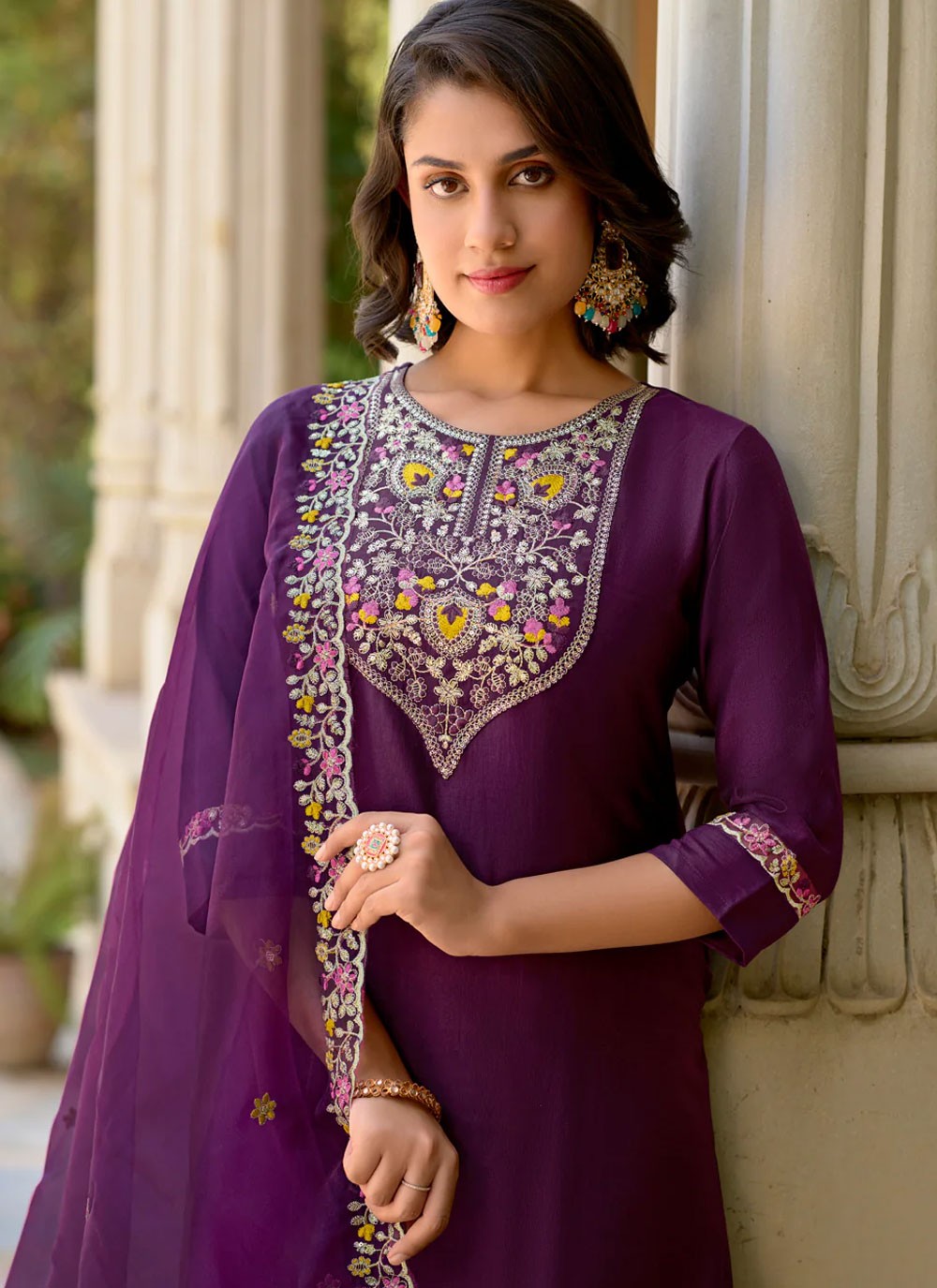 Pant Style Suit Embroidered, Zari Purple T6856