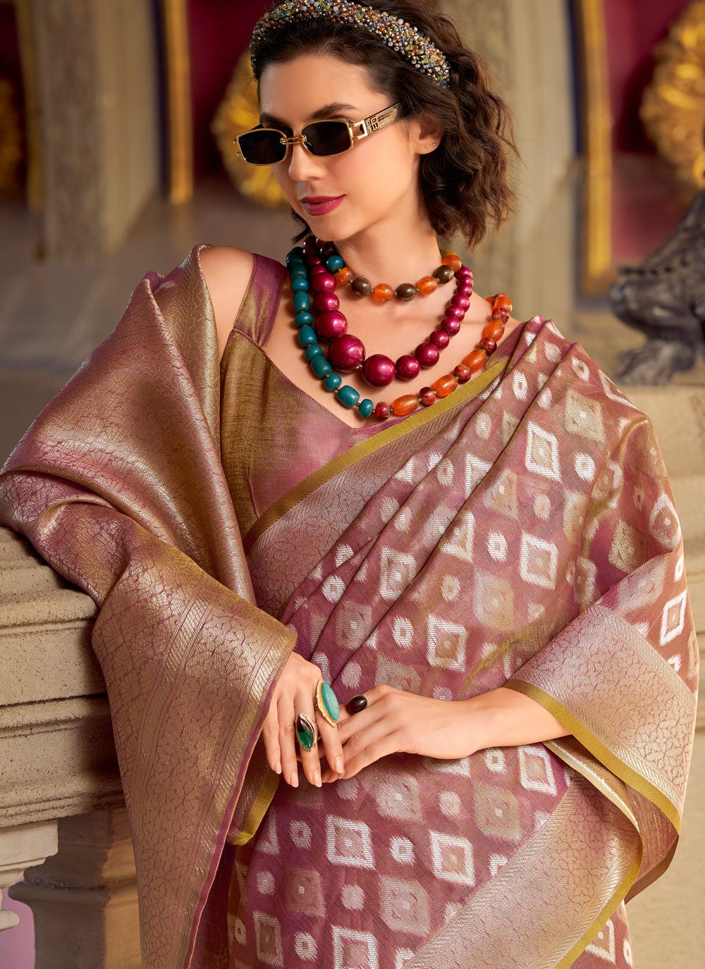 Trendy Saree Weaving Zari Beige, Pink Silk Saree S13606