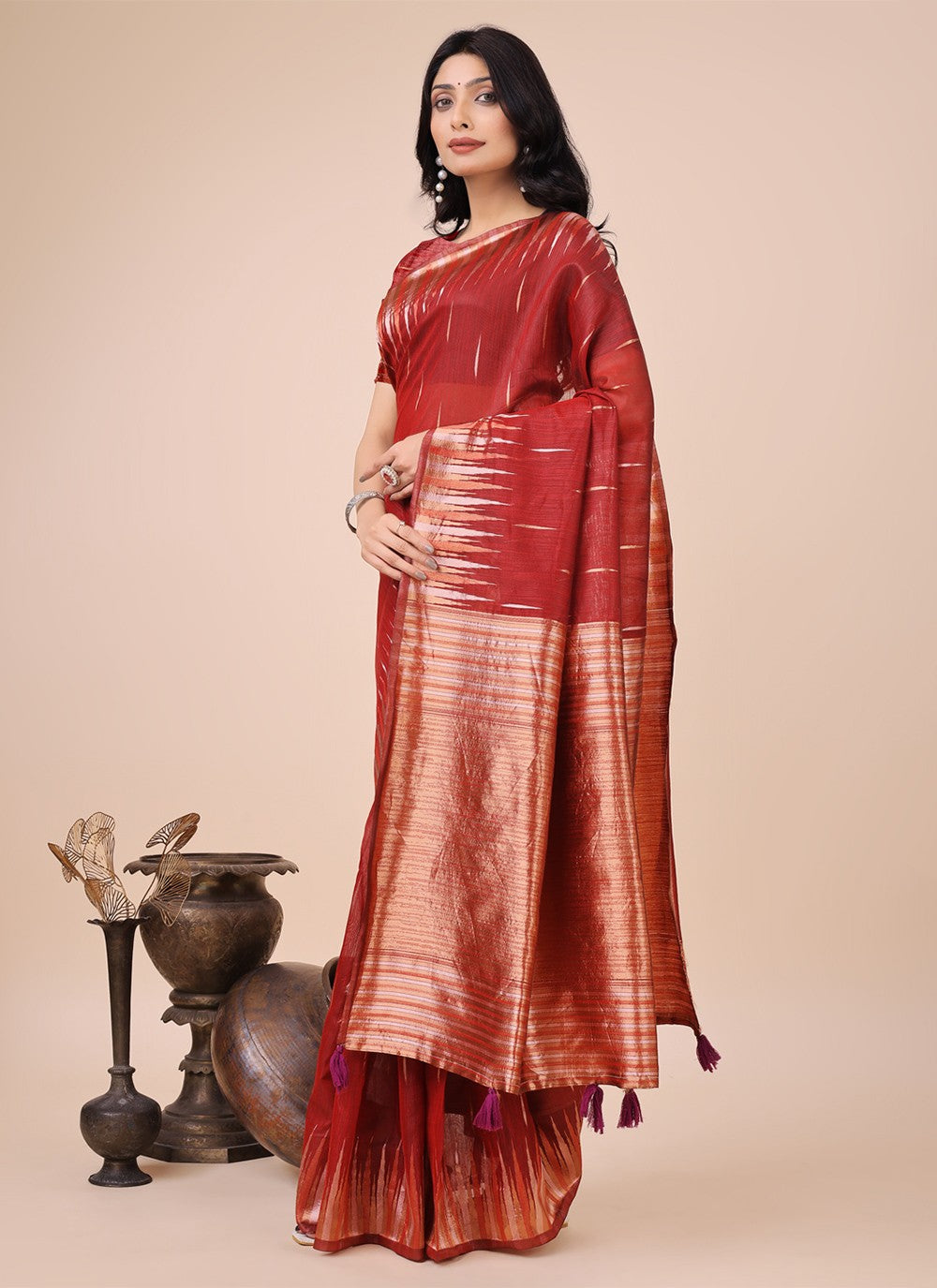 Weaving Zari Cotton Red Contemporary Saree S15138