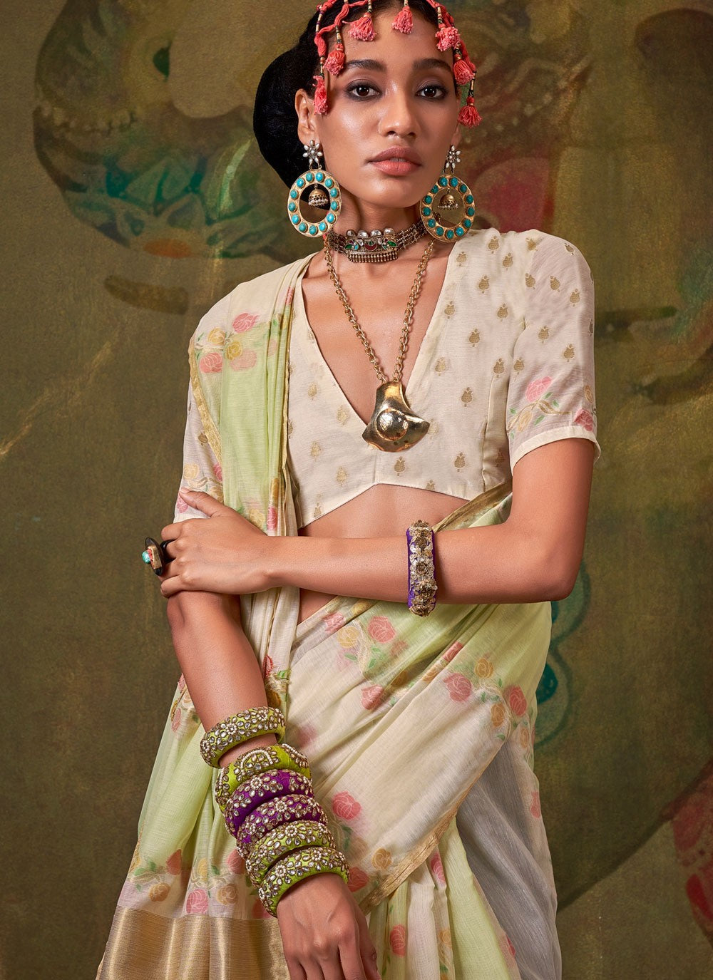 Traditional Weaving Zari Cream, Grey Handloom Cotton Saree S13611