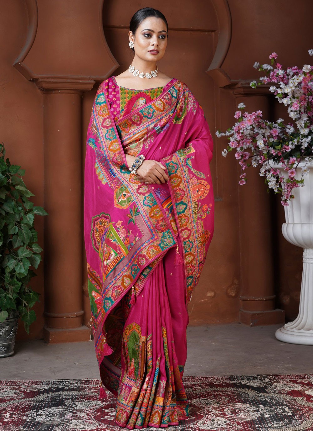 Designer Fancy Work Hot Pink Pure Dola Saree S13123