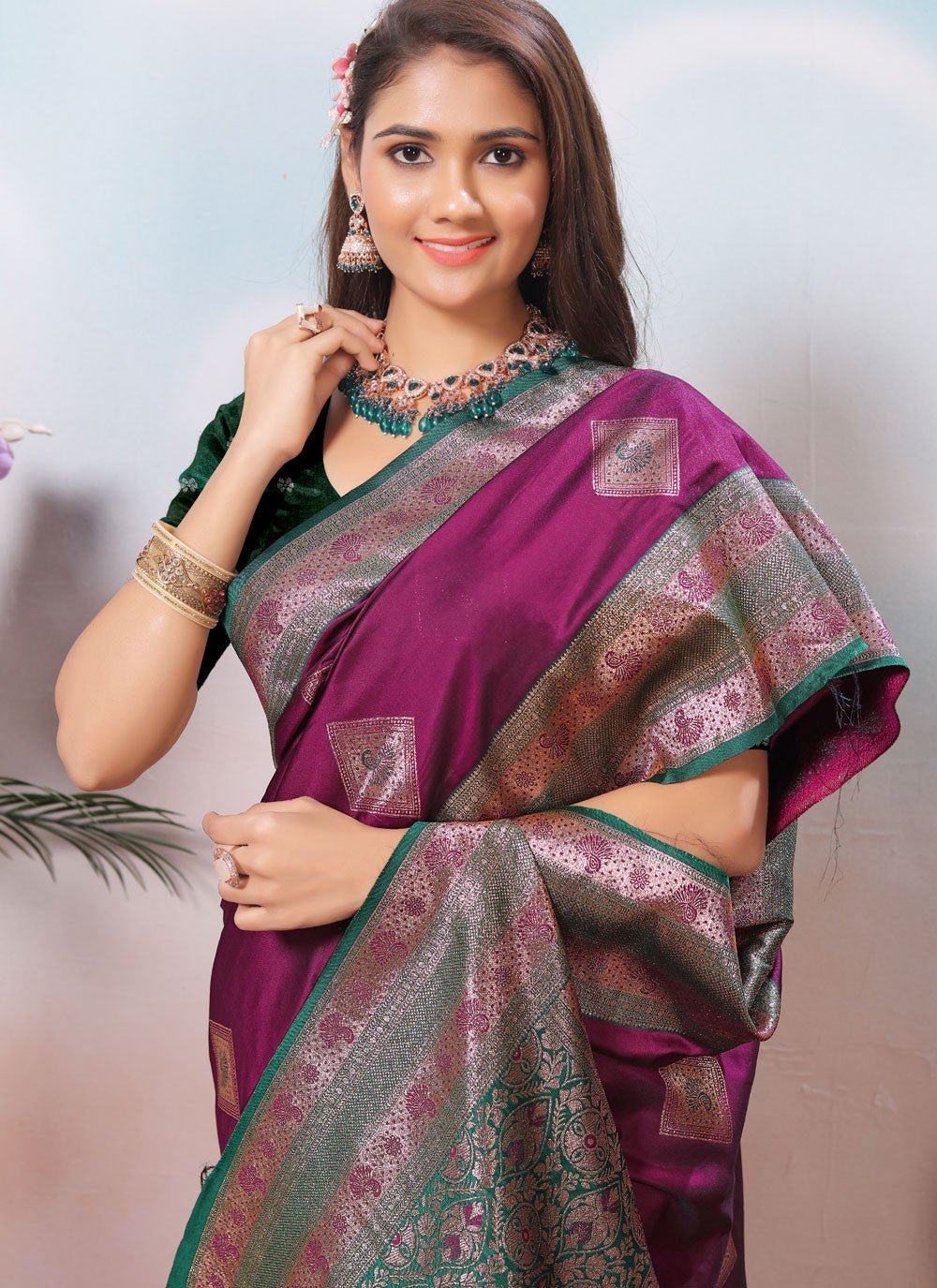 Border Work Silk Purple Designer Saree S15429