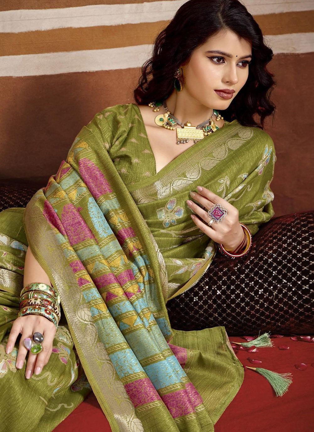 Green Silk Designer Saree Printed, Weaving Zari S16250