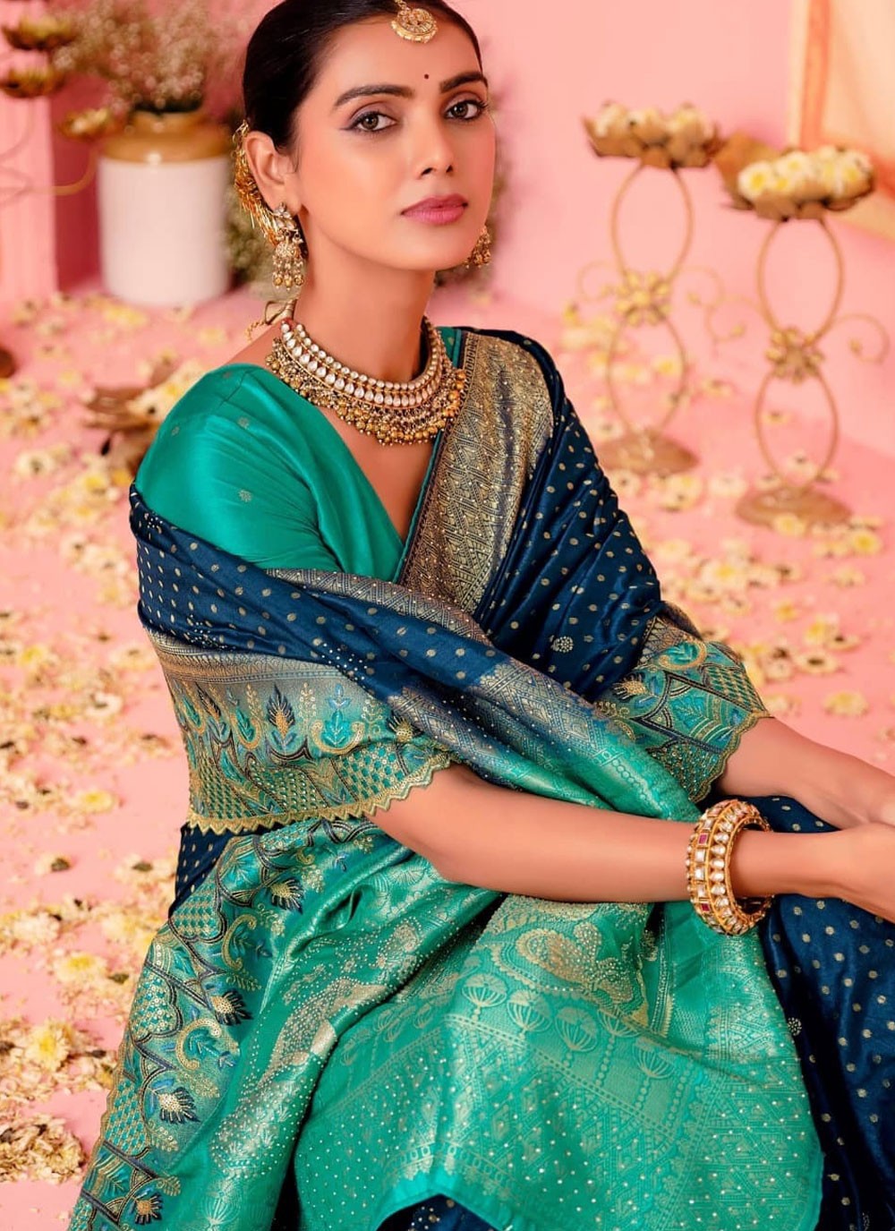Designer Embroidered Navy Blue Pure Dola S12696